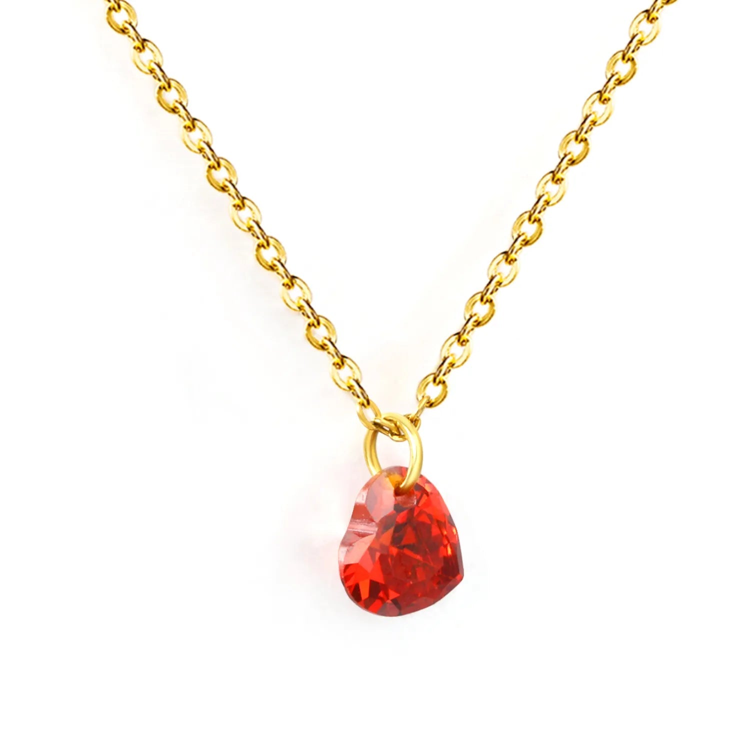 8*8mm deep ruby heart-shaped zircon 0.35 double-strand chain 40+5cm+6mm round tail tag necklace steel color asonjewelry
